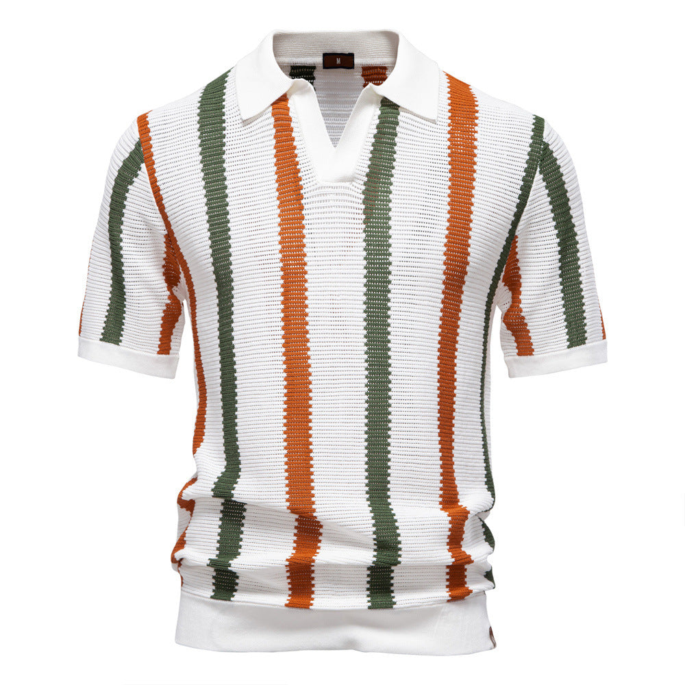 Comfortable men's casual knit polo shirt featuring a trendy vertical stripe, ideal for summer fashion.