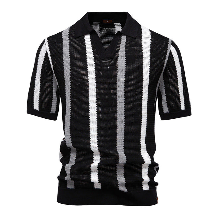 Front view of a men's modern vertical stripe knit polo, a versatile short-sleeve top for casual wear.