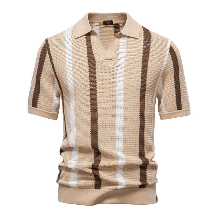 Close-up of the fabric & pattern: Men's knit polo shirt with stylish vertical stripes for modern fashion.