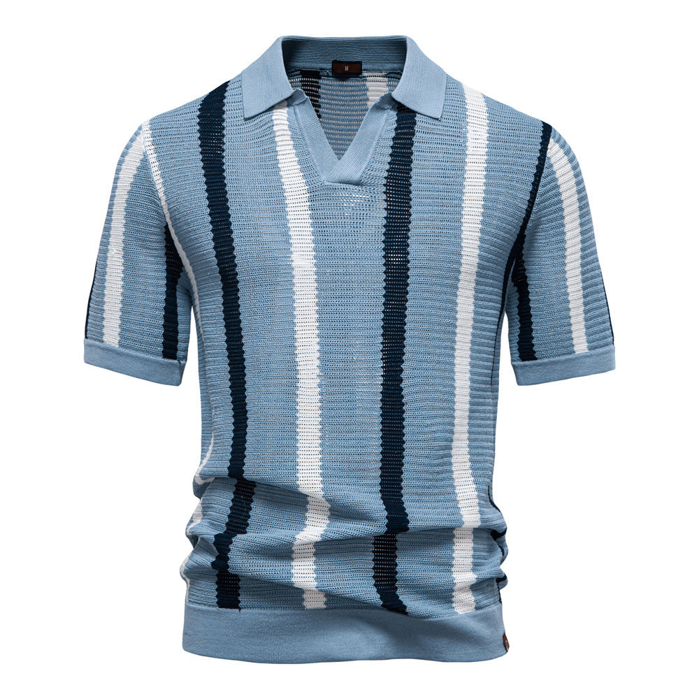 Men's fashion: a modern vertical stripe knit polo shirt, short-sleeve, open collar, perfect summer top.