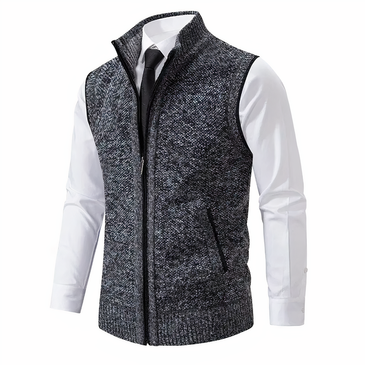Front view of a men's versatile zip-up vest, a sleek outerwear piece for modern casual fashion.