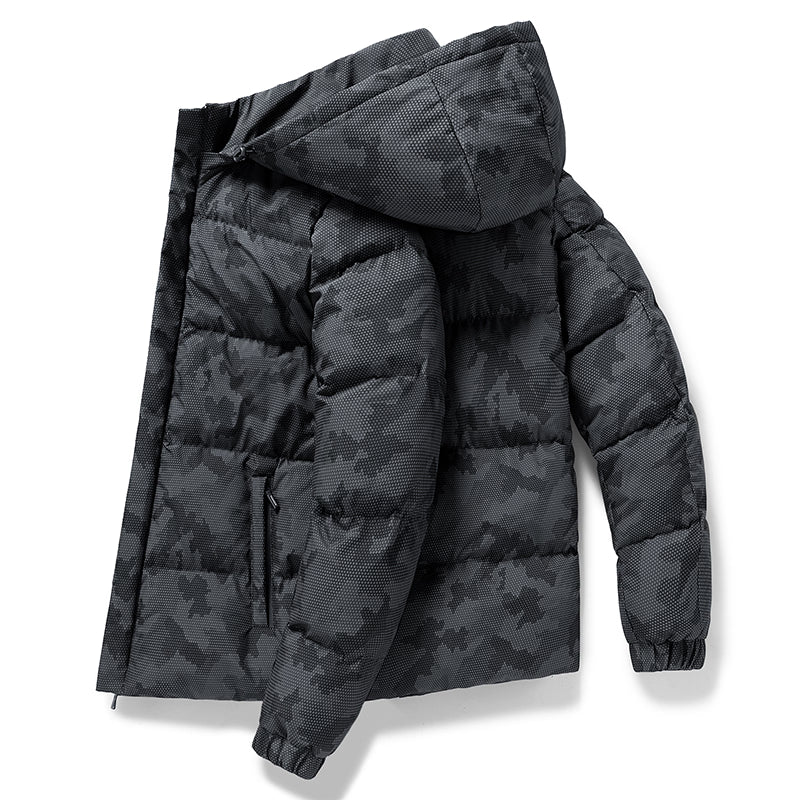 Men's mountain print ski jacket for winter sports, featuring a vibrant snow mountain design, ideal for cold weather.