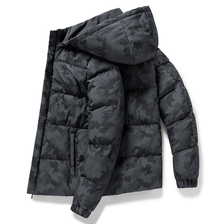 Men's mountain print ski jacket for winter sports, featuring a vibrant snow mountain design, ideal for cold weather.