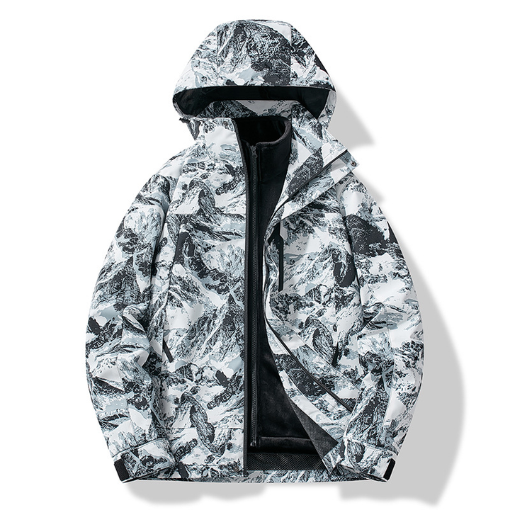 Warm men's ski jacket with unique mountain print, perfect for outdoor winter sports, snowboarding, and cold weather apparel.