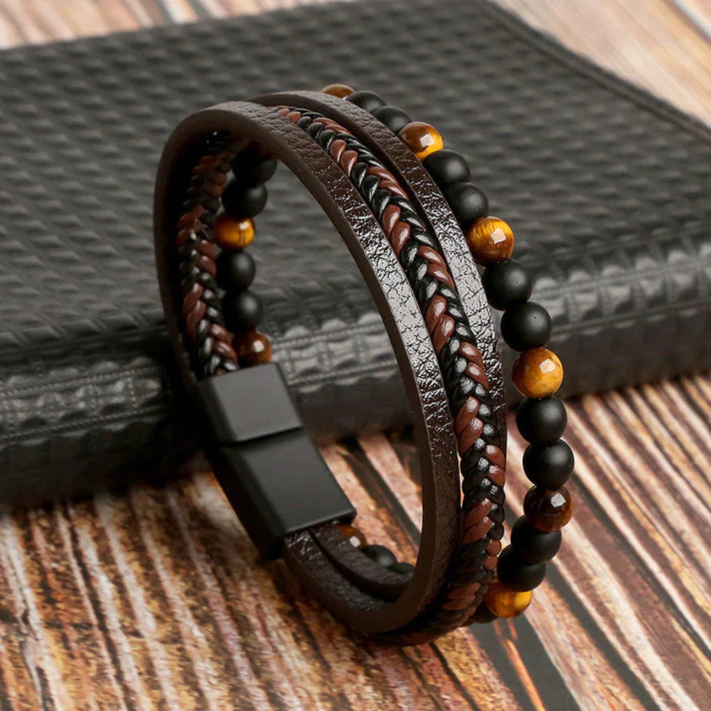 Men's multi-layered leather & stone bead bracelet with magnetic clasp, perfect for punk or urban style.