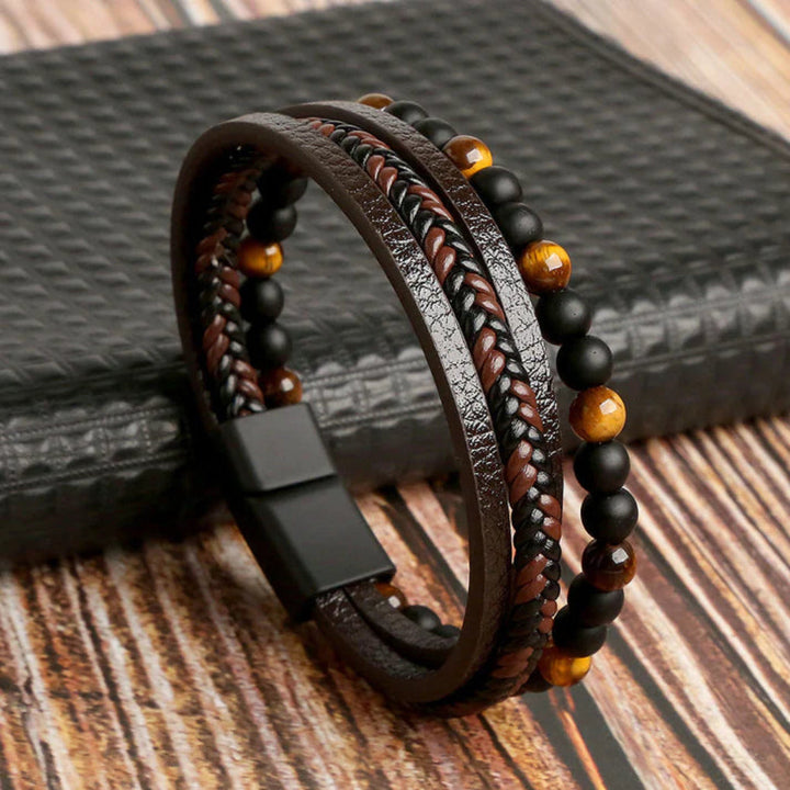 Men's multi-layered leather & stone bead bracelet with magnetic clasp, perfect for punk or urban style.