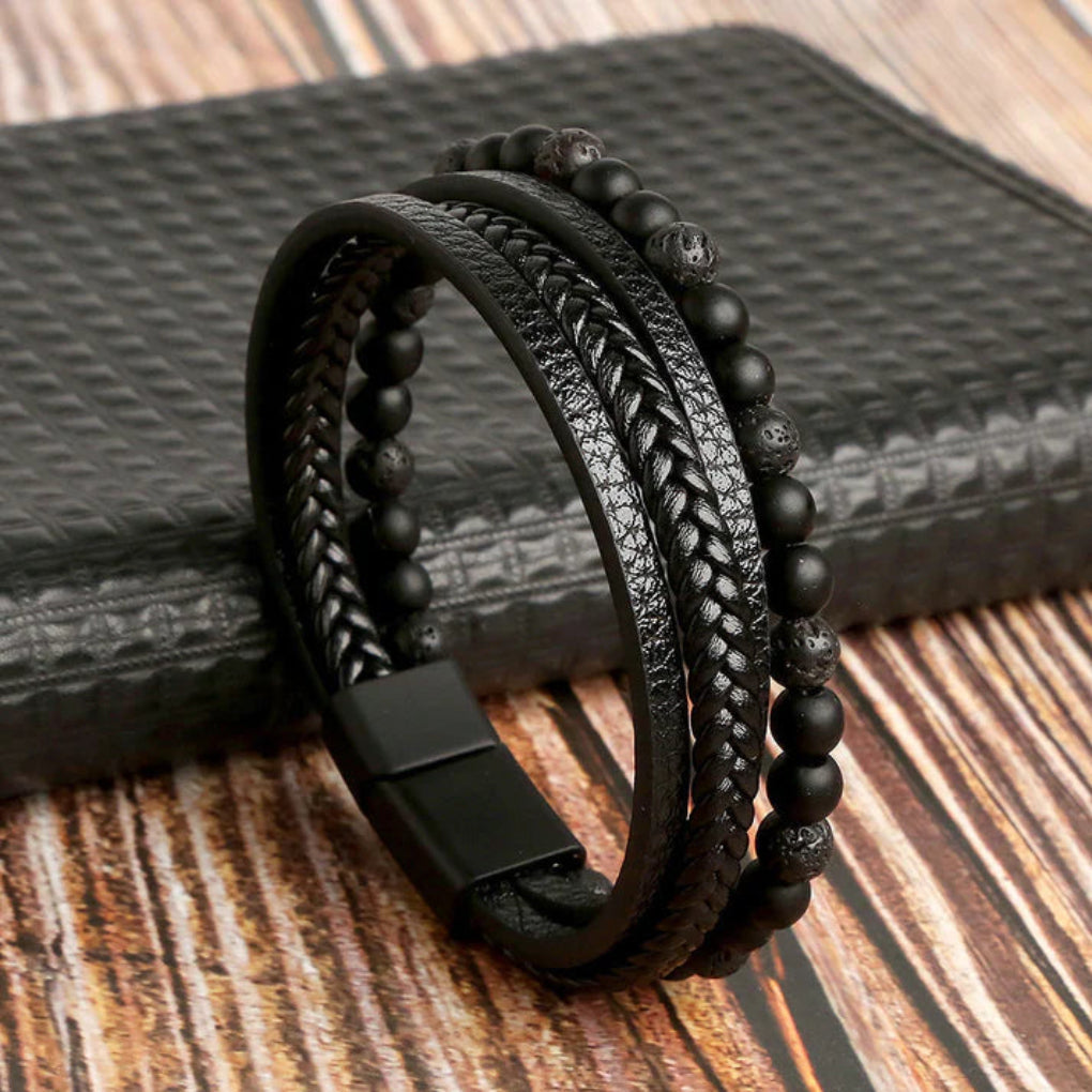 Stylish men's leather bracelet featuring stone beads and secure magnetic clasp, an ideal gift for men.