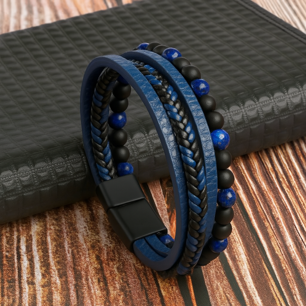 New men's fashion accessory: multi-layered leather and stone bead bracelet with magnetic closure for everyday wear.