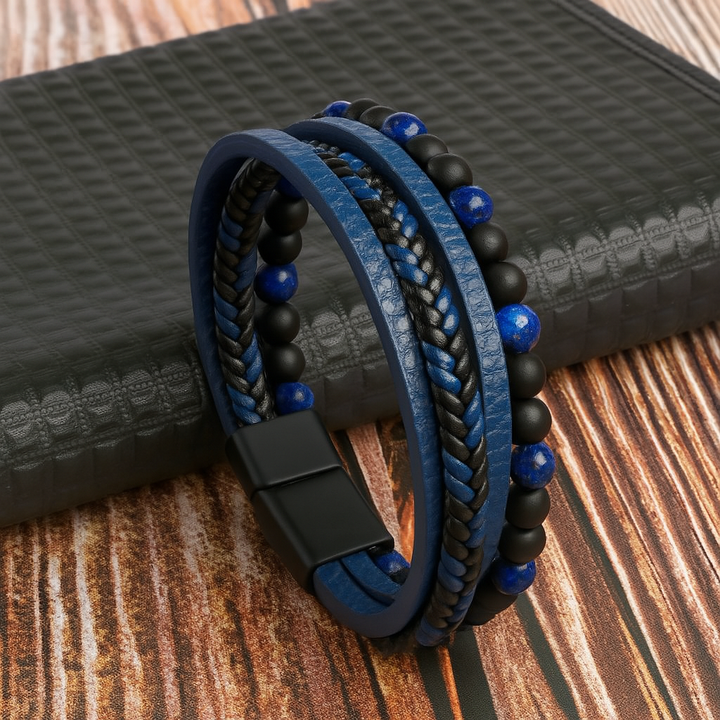 New men's fashion accessory: multi-layered leather and stone bead bracelet with magnetic closure for everyday wear.