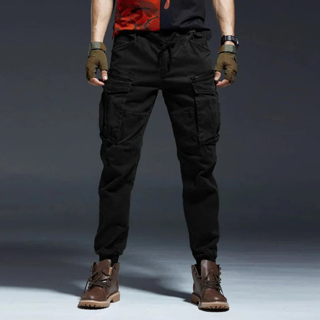 Black men's relaxed fit cargo pants, all-season comfort for daily wear or casual outings.