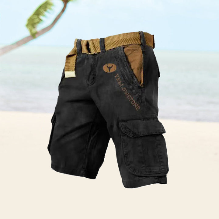 Knee-length men's utility shorts with multiple functional pockets, great for outdoor adventures.