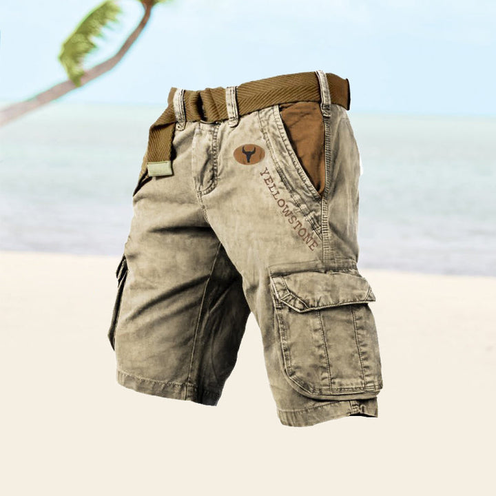 Comfortable men's cargo shorts, knee-length, multi-pocket design for summer outdoor activities.