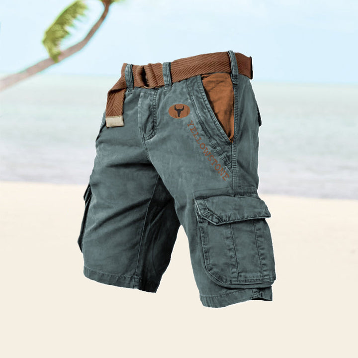 Relaxed fit men's multi-pocket cargo shorts, knee-length, designed for outdoor & casual comfort.