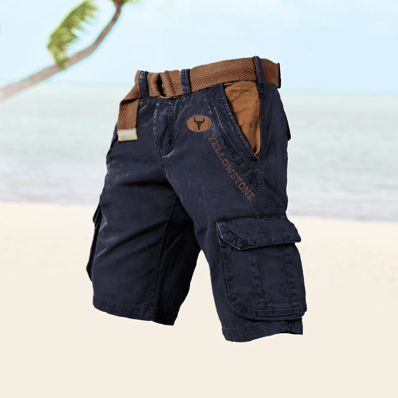 Stylish men's utility shorts, multi-pocket design, knee-length, versatile for outdoor summer outfits.