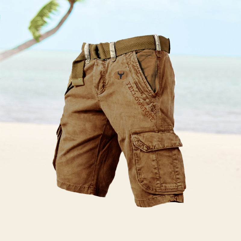 Durable multi-pocket men's cargo shorts, knee-length, built for outdoor adventures & daily wear.