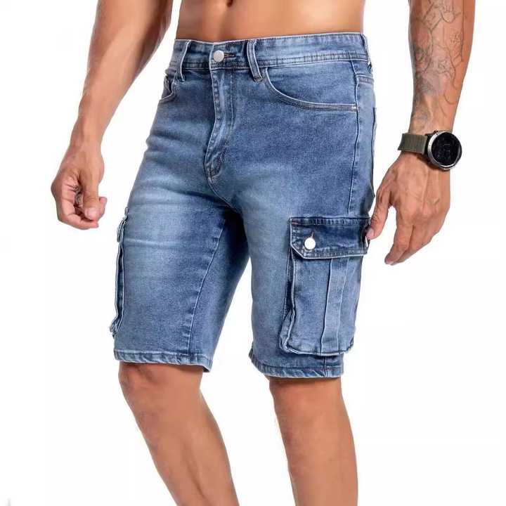 Men's multi-pocket denim shorts, comfortable stretch fabric, ideal for everyday casual wear & outdoor activities.