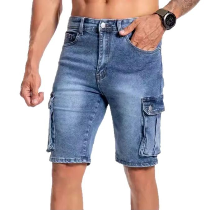Stylish men's knee-length denim cargo shorts with multiple pockets, perfect for casual outings & practical comfort.
