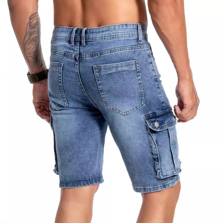 Practical men's stretch denim shorts with multi-pockets, offering everyday comfort & versatility for men's fashion.