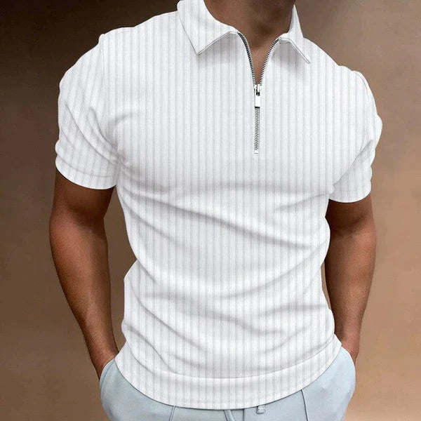 Breathable men's muscle fit zipper polo, perfect for athletic wear or stylish summer fashion.