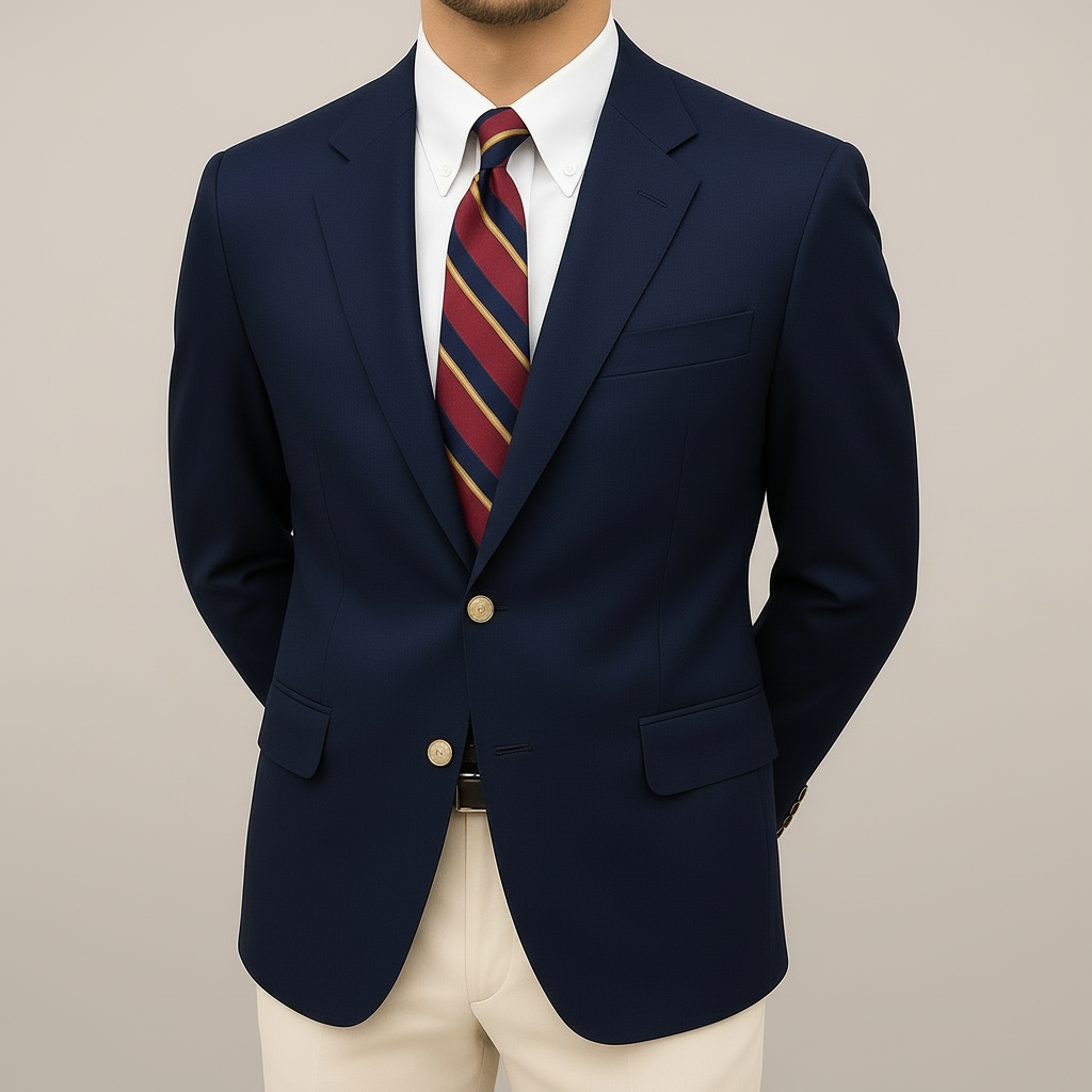Men's navy blue tailored lightweight blazer jacket, perfect for smart casual spring fashion and business. Model wearing a navy blue tailored lightweight blazer, ideal for smart casual wear. Close-up of navy blue lightweight tailored blazer fabric, showcasing quality and suitable for smart casual, spring fashion.