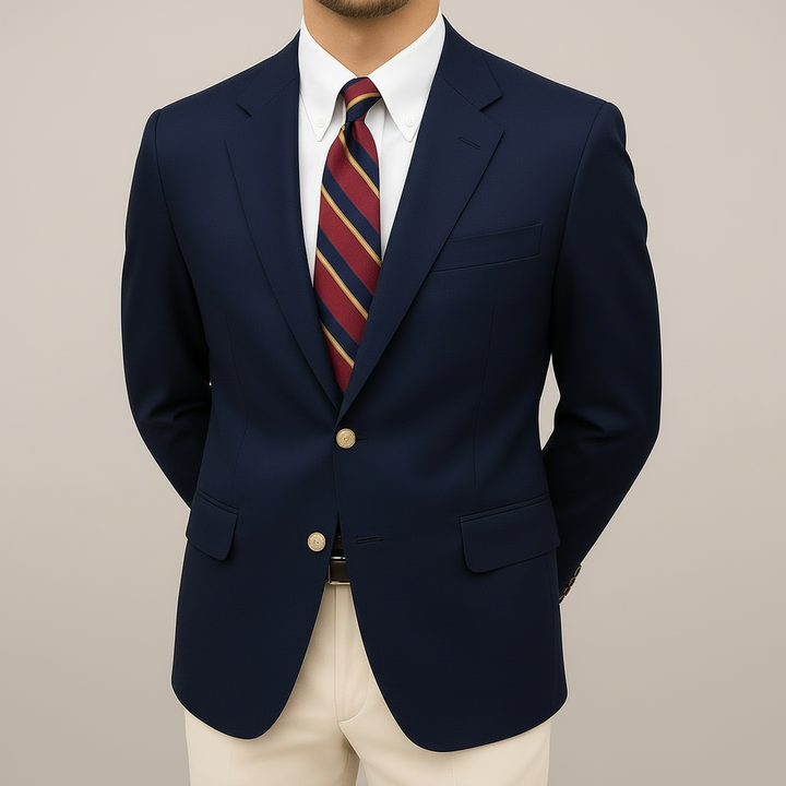 Men's navy blue tailored lightweight blazer jacket, perfect for smart casual spring fashion and business. Model wearing a navy blue tailored lightweight blazer, ideal for smart casual wear. Close-up of navy blue lightweight tailored blazer fabric, showcasing quality and suitable for smart casual, spring fashion.