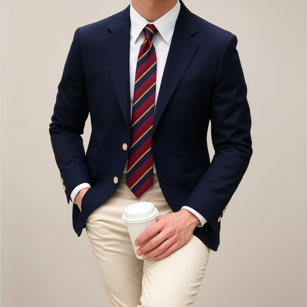 Men's navy blue tailored lightweight blazer jacket, perfect for smart casual spring fashion and business. Model wearing a navy blue tailored lightweight blazer, ideal for smart casual wear. Close-up of navy blue lightweight tailored blazer fabric, showcasing quality and suitable for smart casual, spring fashion.