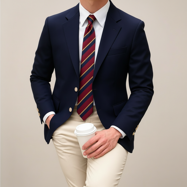 Men's navy blue tailored lightweight blazer jacket, perfect for smart casual spring fashion and business. Model wearing a navy blue tailored lightweight blazer, ideal for smart casual wear. Close-up of navy blue lightweight tailored blazer fabric, showcasing quality and suitable for smart casual, spring fashion.