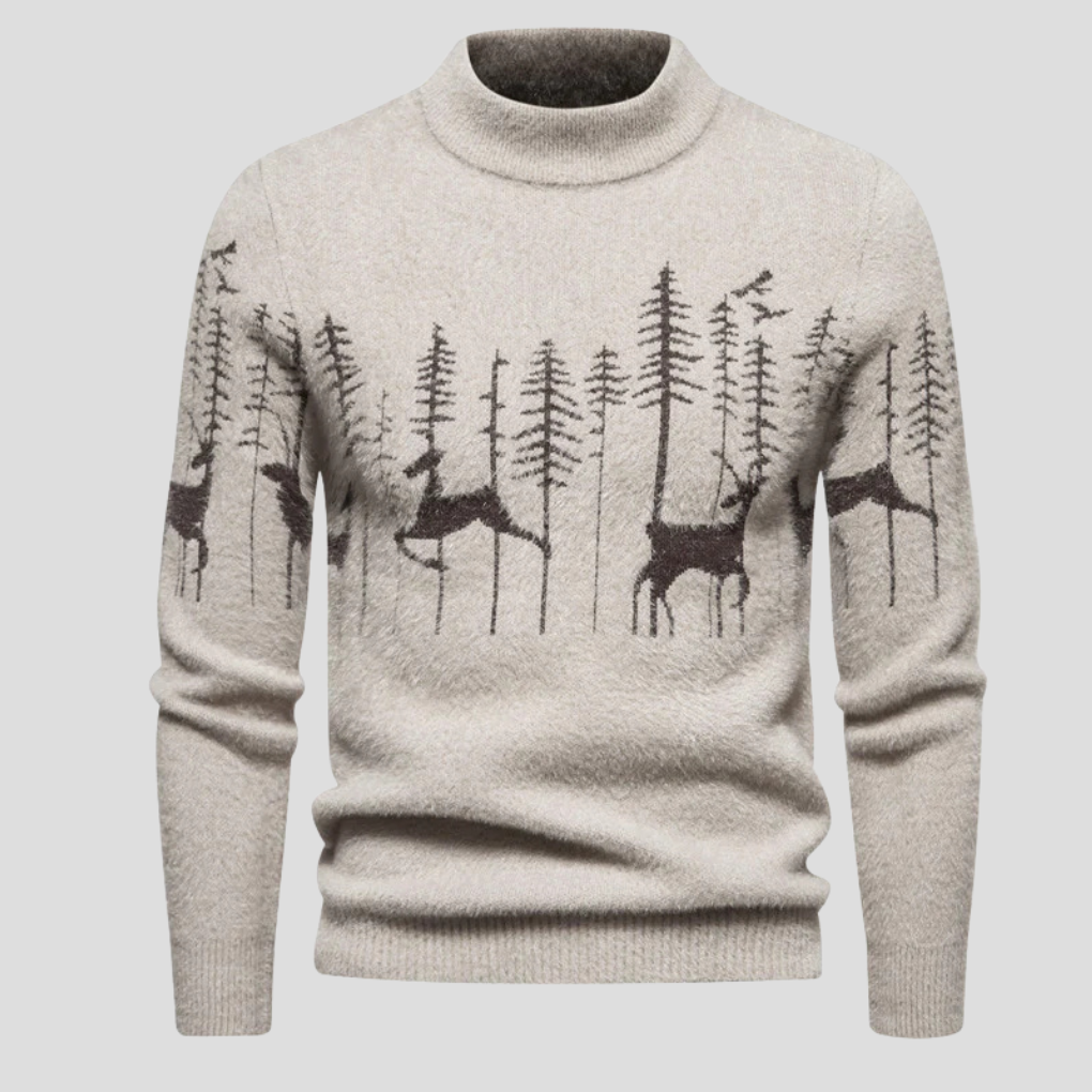 Men's navy reindeer forest Christmas sweater, long sleeve knit, perfect for holiday festive casual wear