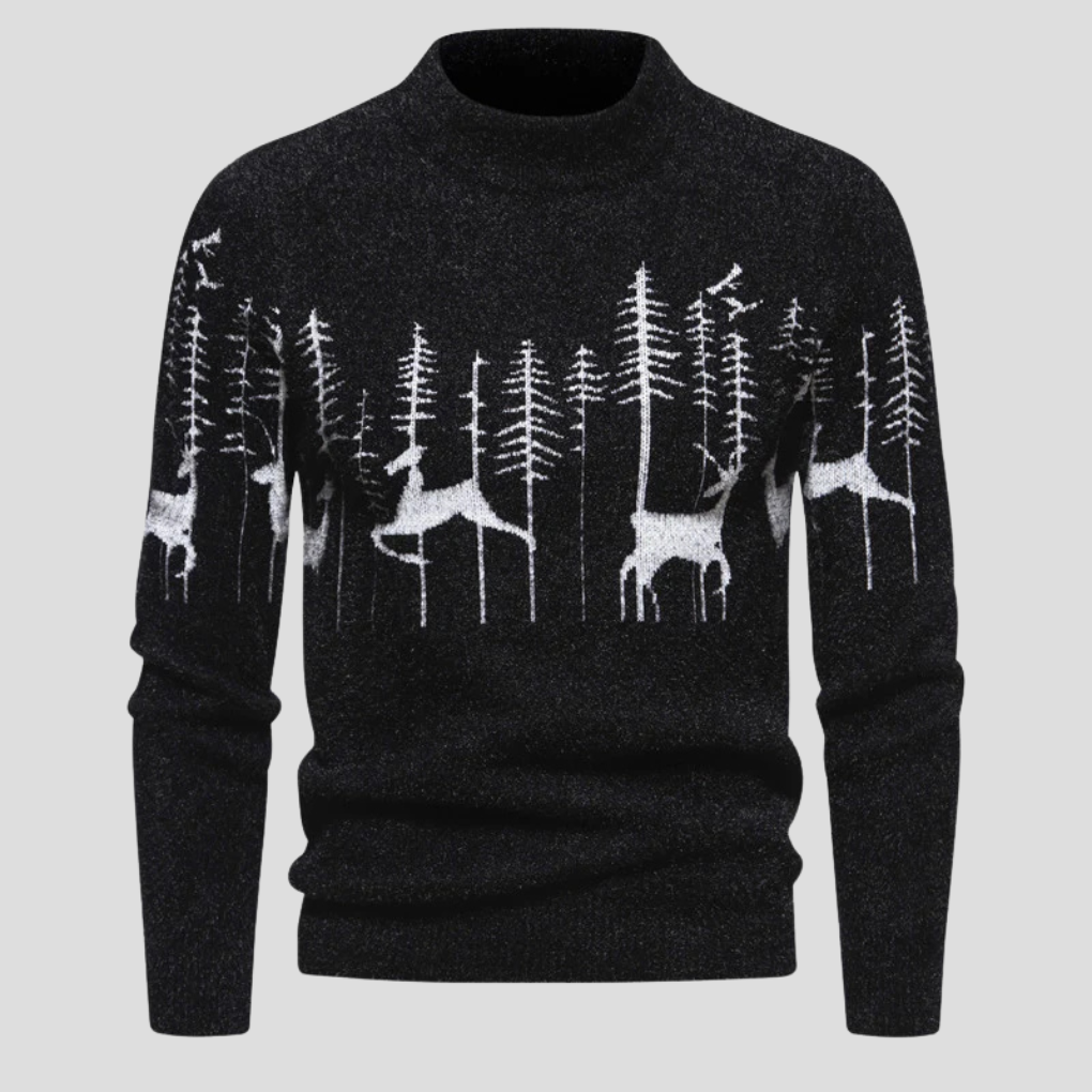 Cozy men's Christmas sweater with reindeer and forest motif, ideal holiday knit, winter fashion