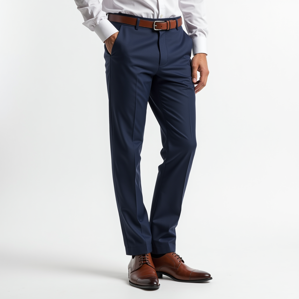 Men's navy straight leg dress pants, ideal for business attire, office wear & formal events. Timeless comfort & style.