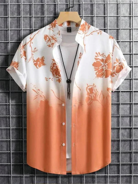 Folded new men's floral print Hawaiian shirt, ready for summer travel & beach vacation