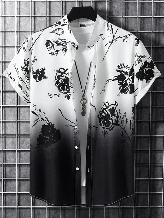 Side profile of men's casual Hawaiian shirt, showing relaxed fit and 3D floral design