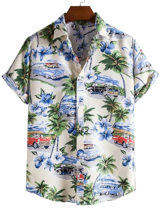 Texture shot: 3D floral print on men's polyester blend Hawaiian shirt, vibrant summer colors