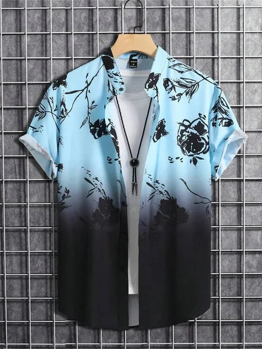 Close-up of men's floral print Hawaiian shirt, showcasing 3D effect & polyester blend fabric