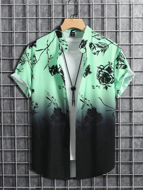 Front view of men's summer Hawaiian shirt with intricate floral print and short sleeves