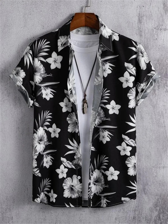 Back view of men's casual Hawaiian shirt, highlighting the continuous 3D floral print design