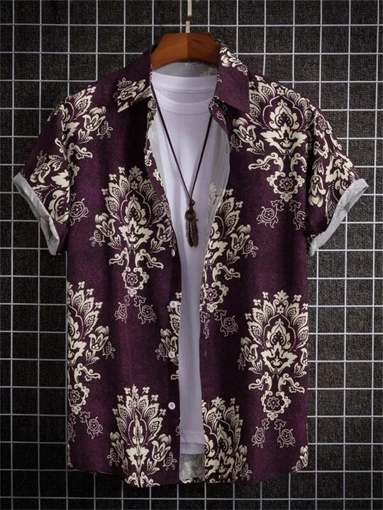 Man wearing new 3D floral print Hawaiian shirt, posing casually for summer beach look