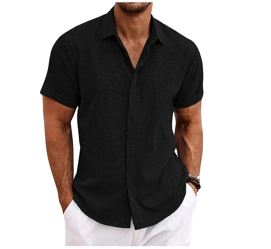Men's new casual cotton-linen blend short sleeve shirt, breathable, regular fit
