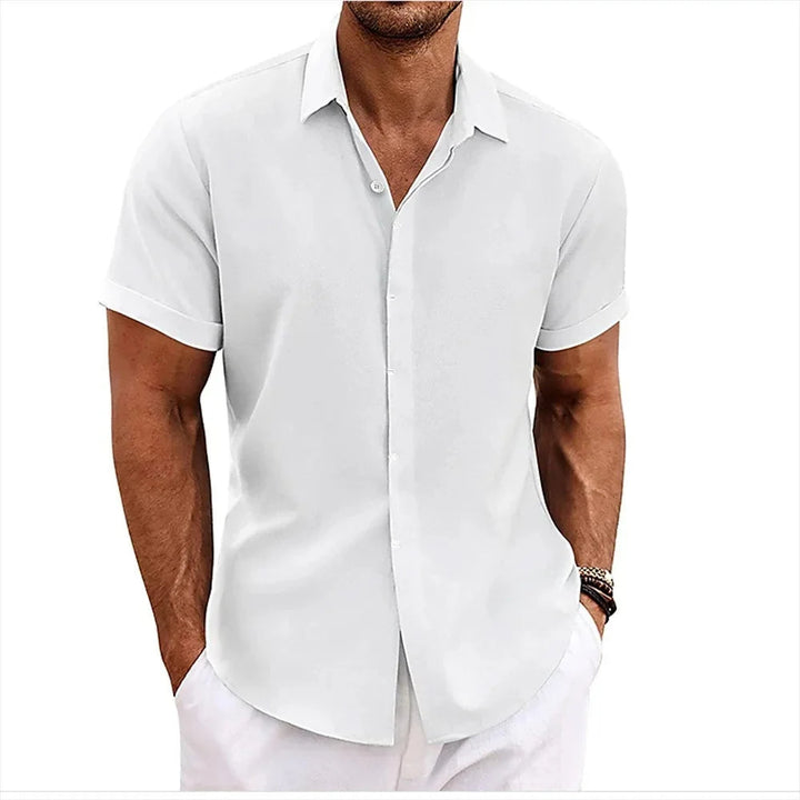 Front view new men's cotton-linen casual shirt, short sleeve, perfect for summer fashion