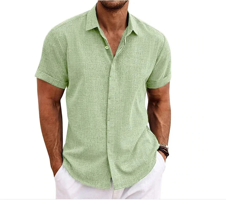 Side profile of a new men's breathable cotton-linen regular fit shirt, ideal for summer