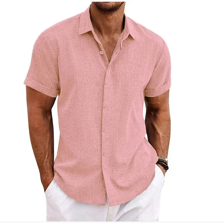 Close-up of the fabric on a new men's cotton-linen blend short sleeve casual shirt
