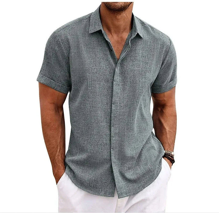 Full shot of a new men's short sleeve cotton-linen shirt, highlighting its modern casual look