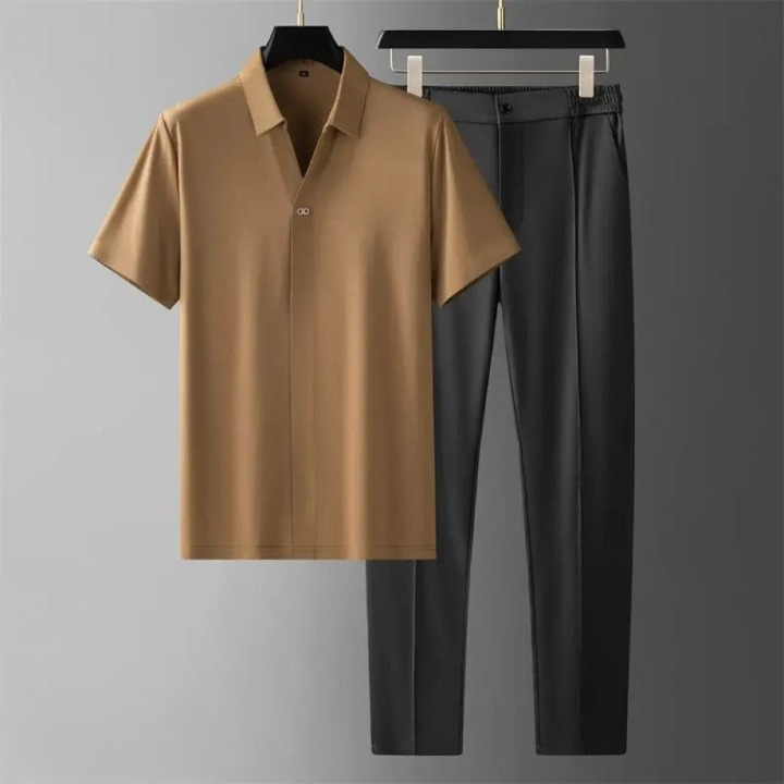Men's new cotton blend polo shirt and tapered pants two-piece set for casual wear