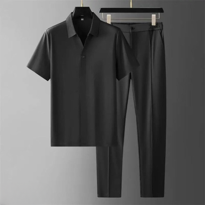 Stylish men's summer outfit: polo shirt and tapered pants set in a comfortable cotton blend