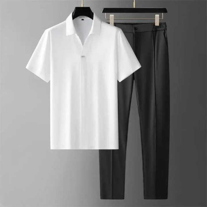 Men's fashion two-piece polo set with short sleeve shirt and modern tapered pants