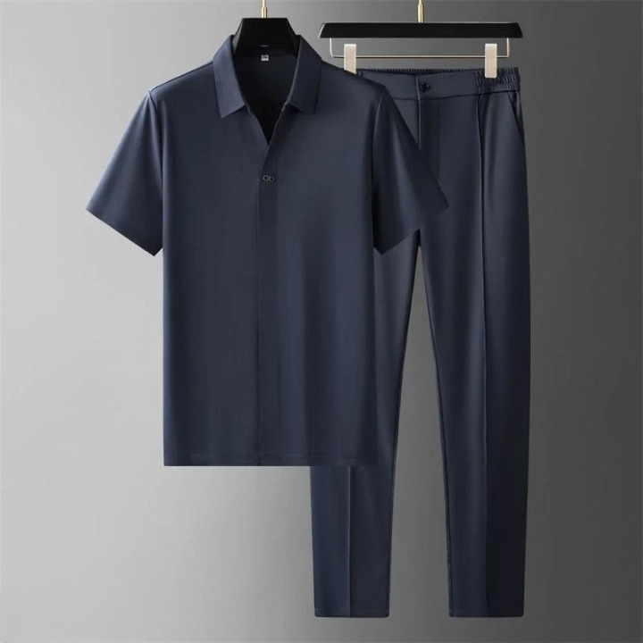 New men's loungewear: soft cotton blend polo shirt and matching tapered pants