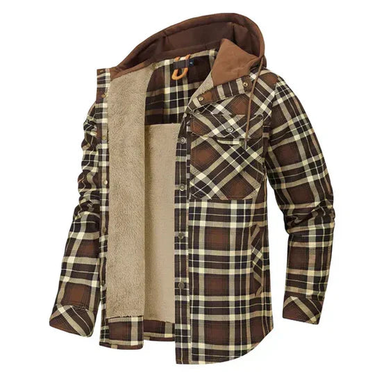 Stylish men's outerwear: new plaid flannel hooded shirt jacket with drawstrings
