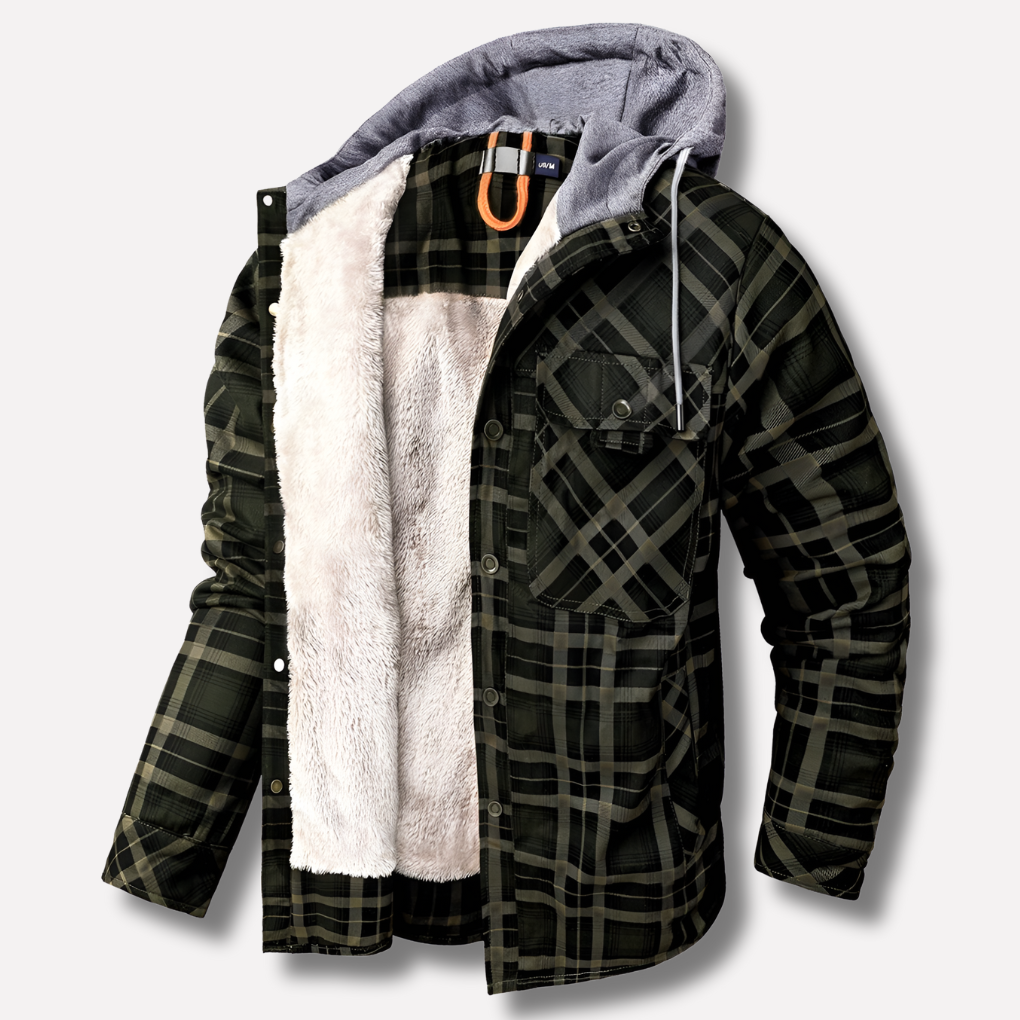 New men's top in a classic plaid pattern, a versatile hooded flannel shirt jacket