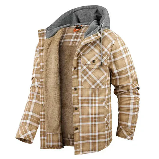 Front view of a new men's plaid flannel hooded shirt jacket, casual and comfortable