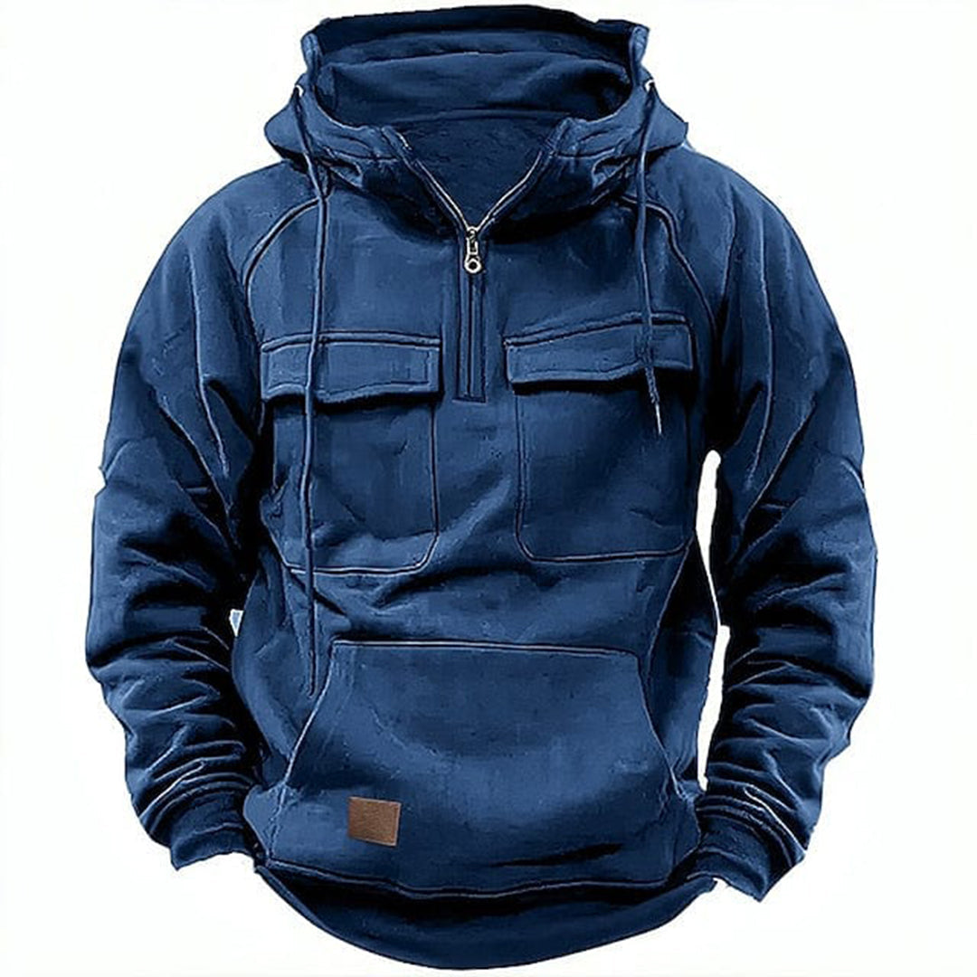 Close-up of a men's full-zip retro motorcycle hoodie in black polyester fabric